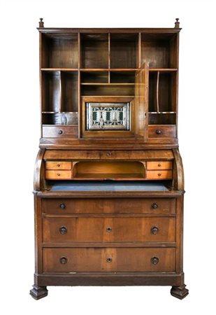 Mobile scrittoio a due corpi con cassaforte. Parte superiore con vani a giorno