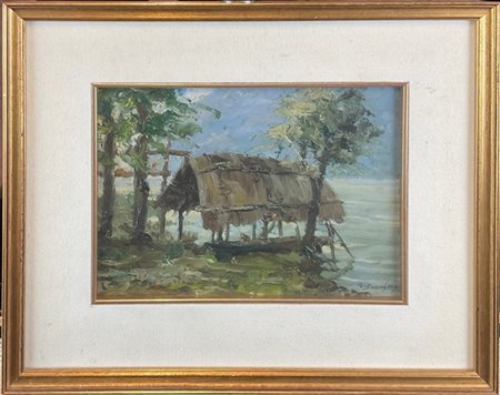 Alfredo Scocchera "Lago di Lugano" 
olio su masonite (cm 17,5x20,5)
firmato in b