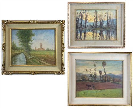Lotto di tre dipinti ad olio del secolo XX raffiguranti paesaggi, autori e misu