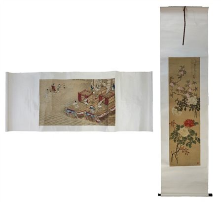 Due scroll, inchiostro su seta, uno raffigurante fiori, l'altro raffigurante ba