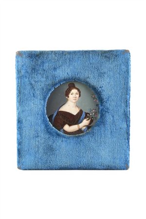 Ignoto secolo XIX. "Ritratto di dama con fiori" miniatura tonda su avorio (d. c