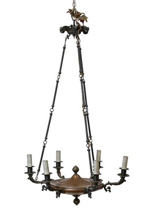 Lampadario in stile Impero in rame e metallo a sei luci con bracci a voluta rac
