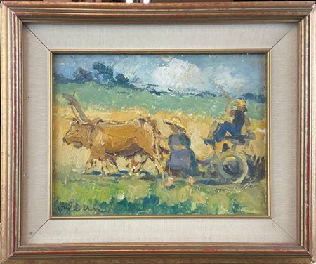 Felice Vellan "Campo di grano" Lussello 1947
olio su cartone (cm 18x24)
firmato