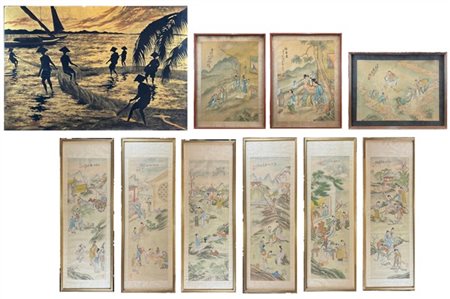 Lotto composto da nove diversi pannelli in carta di riso dipinta in policromia