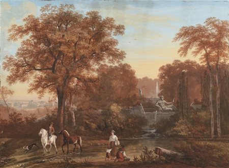 Louis Gadbois "Scorcio fluviale con fontana, lavandaie e uomo a cavallo" 
temper