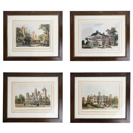 Gruppo di quattro litografie inglesi a colori raffiguranti vedute con figure. S