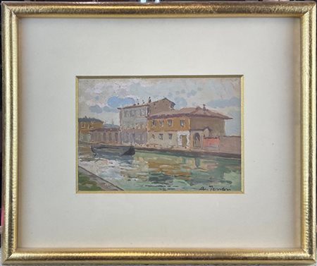 Arturo Ferrari "Naviglio" 
olio su cartone (cm 14x20)
firmato in basso a destra