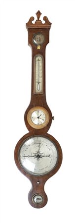 Barometro inglese in mogano filettato in legno chiaro con termometro del secolo
