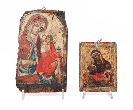 Arte greco-ortodossa. Due icone a tempera su tavola raffiguranti Madonna col Ba