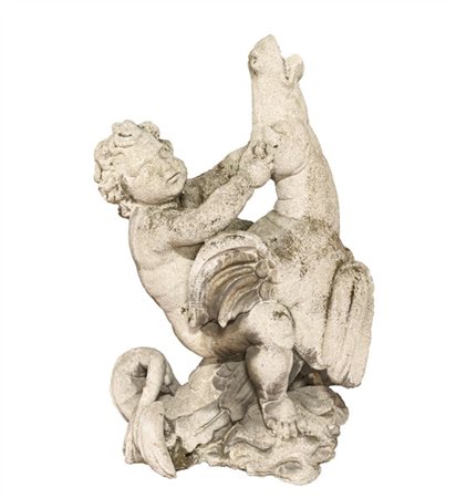 Scultura da giardino raffigurante putto che cavalca un cavallo marino in calces