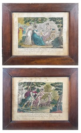 Coppia di incisioni a colori del secolo XIX raffiguranti "Venere compagna Amore