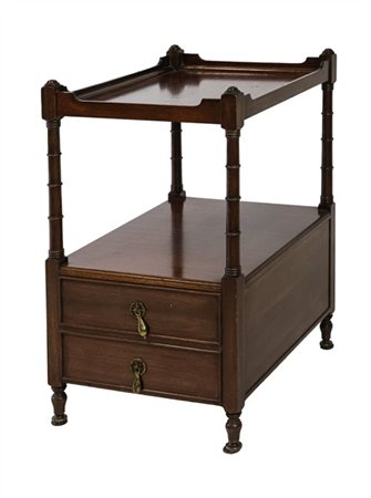 Mobiletto da centro in mogano a due ripiani e un cassetto laterale, sostegni to