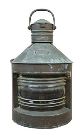 Lanterna nautica in metallo e vetro con manico basculante, targhetta metallica