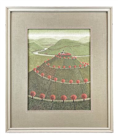 Ignoto "Il santuario" 1985, olio su masonite (cm 45x35) firmato Corvo in basso