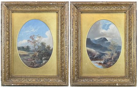Scuola del secolo XIX

"Coppia di scorci montani" 
olio su cartone ovale (cm 29