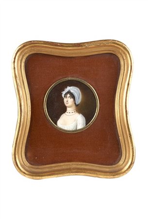Maestro del secolo XIX. "Ritratto di dama con cuffia biana" miniatura tonda su
