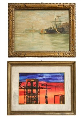 Lotto composto da un olio su tavola intitolato "Venezia" e firmato F. Lucarello