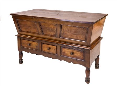 Madia in legni vari con piano ribaltabile e tre cassetti alla base, fronte a ca