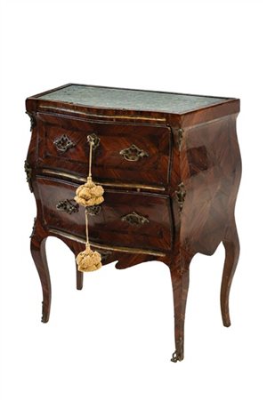 Comodino impiallacciato in palissandro e filettato in legni vari con scanalatur