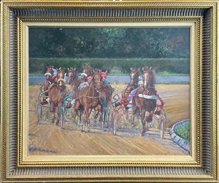 Enrico di Marko "L'ultima curva (cavalli al trotto)" 2002 olio su masonite (cm