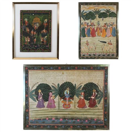 Arte indiana. Tre diverse tecniche miste su seta e tessuto raffiguranti divinit