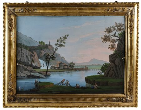 Artista del secolo XIX "Paesaggio lacustre con cascata e figure" gouache su car