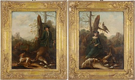 Ignoto del secolo XVIII

"Figure con cacciagione"
coppia di dipinti ad olio su