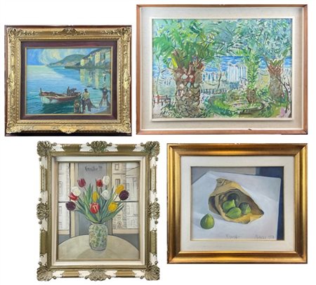 Lotto composto da tre oli su tela e uno su cartone pressato, di soggetti, autor