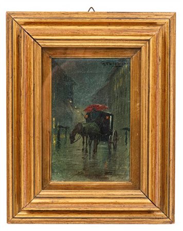 Giuseppe Solenghi "La carrozza" 
olio su tela (cm 14x9)
Firmato in alto a destra