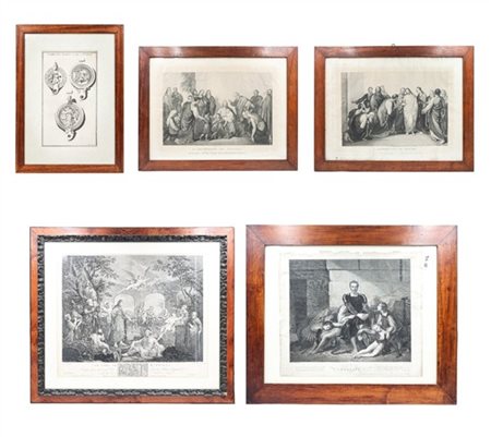 Lotto di cinque diverse incisioni all'acquaforte su carta a soggetto e misure d