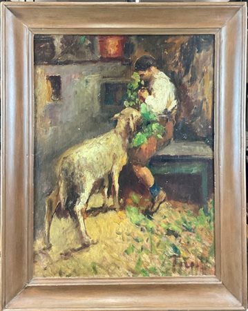 Ignoto di fine secolo XIX 

"Nella stalla" 
olio su compensato (cm 59x45)
reca