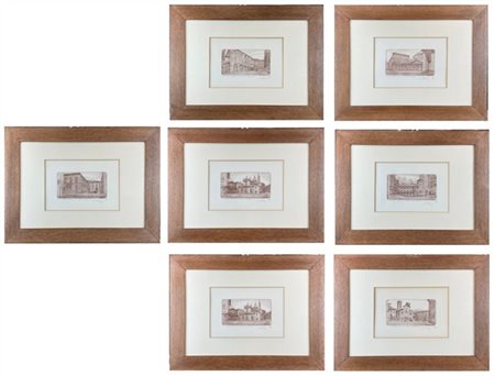 Firma indecifrata, gruppo di sette incisioni raffiguranti scorci di piazze e mo