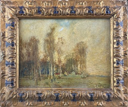 Lodovico Cavaleri "Paesaggio con betulle" 1910
olio su cartone (cm 19x24)
dedica