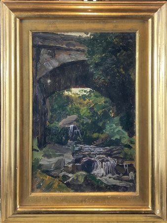 Lazzaro Pasini (Attribuito)

"Scorcio di fiume e ponte" 
olio su tavoletta (cm 3