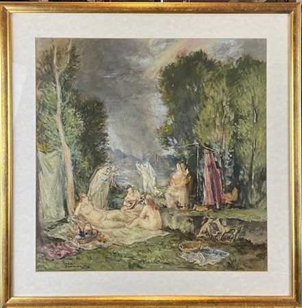Giovanni Brancaccio "Scena galante con bagnanti" 1946
olio su cartoncino (cm 43x