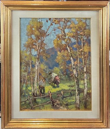 Lorenzo Gignous "Contadini al lavoro" 
olio su cartone (cm 37x27)
firmato in bas