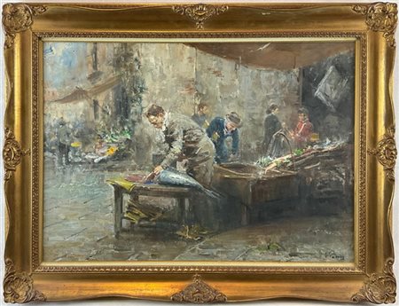 Giovanni Panza "Il mercato del pesce" 
olio su tela (cm 50x70)
firmato in basso