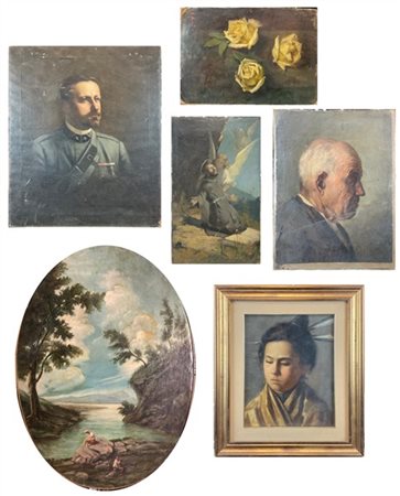 Lotto composto da sei dipinti ad olio su diversi formati, di diversi autori di