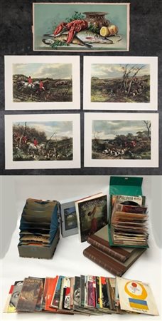 Cartone contenente alcuni dischi 45 giri anni '60, quattro cataloghi d'arte e d