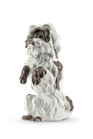 Manifattura di Samson, secolo XIX. Figura di cane bolognese in porcellana dipin