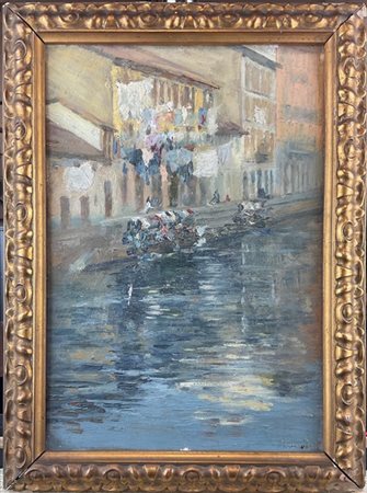 Pietro Adamo Rimoldi "Alzaia Naviglio Grande - Via San Marco" 
olio su compensat