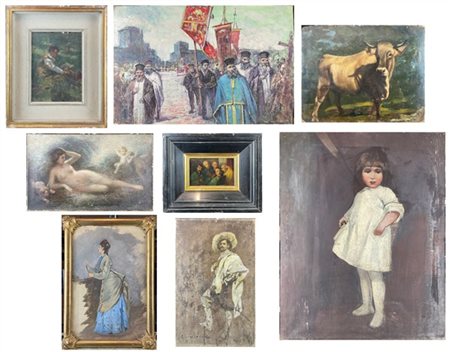 Lotto composto da otto dipinti ad olio di diversi autori di cui alcuni attribui