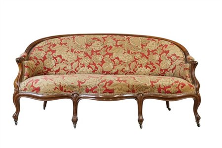 Fornitura da salotto in noce, composto da divano e sei poltrone con bordure sca