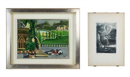 Lotto composto da un olio su tela raffigurante paesaggio (cm 30x40) firmato EMI