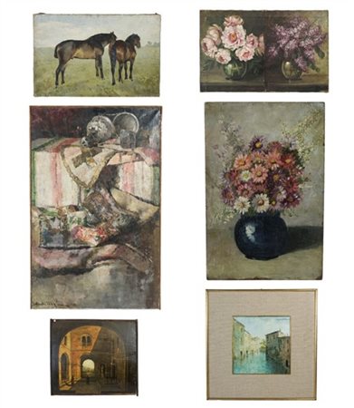 Lotto composto da sei dipinti ad olio di diversi autori, soggetti, supporti e f