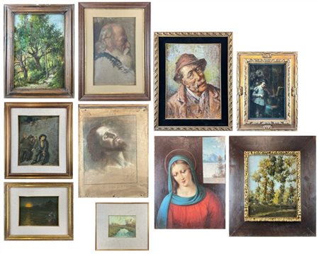 Lotto composto da nove dipinti ad olio di diveri autori tra cui Giuseppe e Nazz