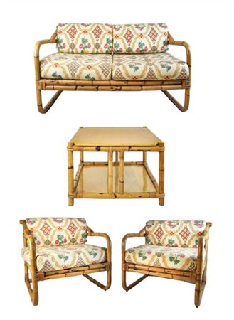 Fornitura da salotto in giunco e scortecciato con cuscini rivestiti in tessuto
