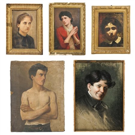 Lotto composto da quattro dipinti ad olio e un pastello colorato raffiguranti "