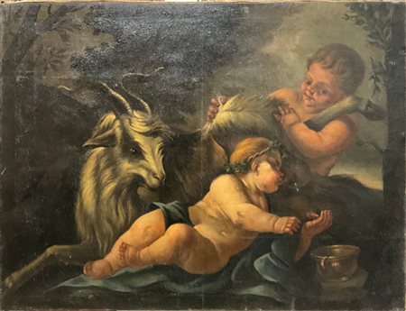 IgnotoAntico dipinto raffigurante "Bacco e la capra Amaltea"olio su tela (cm