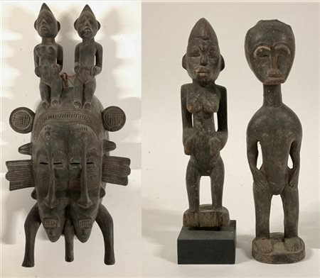 Arte Africana. Lotto composto da maschera di Kpeliè con dopppio volto e due fig